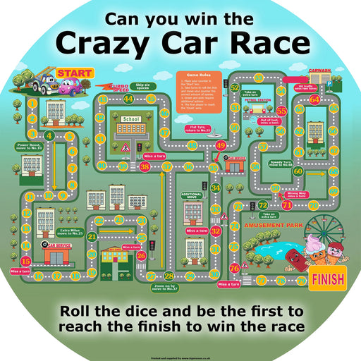 Crazy car race board game tuff tray mat insert. Family fun or great for maths games in schools. Promotes communication, problem solving, anticipation and predicting.