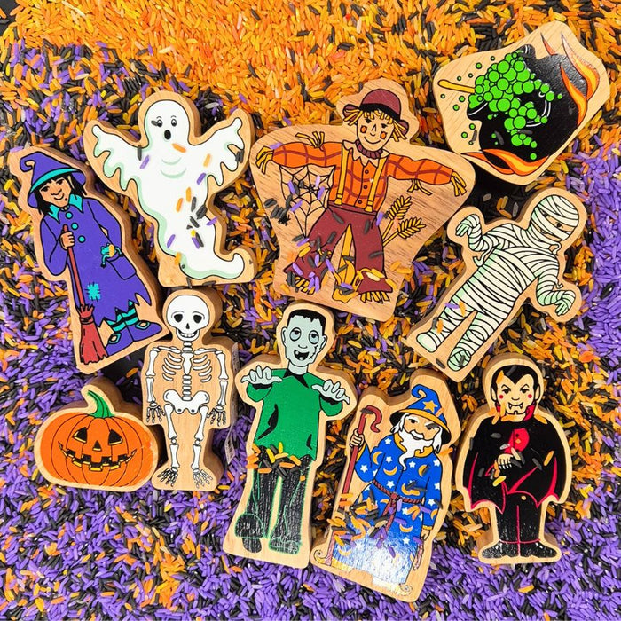 Halloween Bundle: 10 Wooden Figures and Sensory Rice