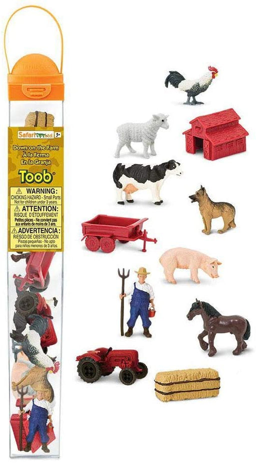 Down on the farm safari toob comes with all the essential figures for farm small world play. Farmhouse, rooster, lamb, cow, dog, wagon, pig, farmer, horse, tractor and haybale can all be used with many sensory bases to create a farmyard atmosphere.
