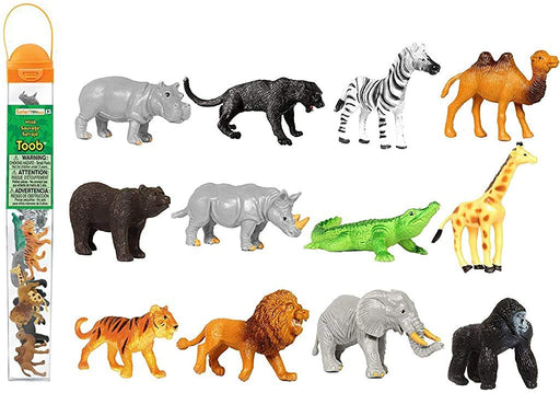 Wild jungle animal mini figures. Safari toob containing rhino, tiger, camel, zebra, lion, giraffe, gorilla, hippo, jaguar, elephant, bear, crocodile.