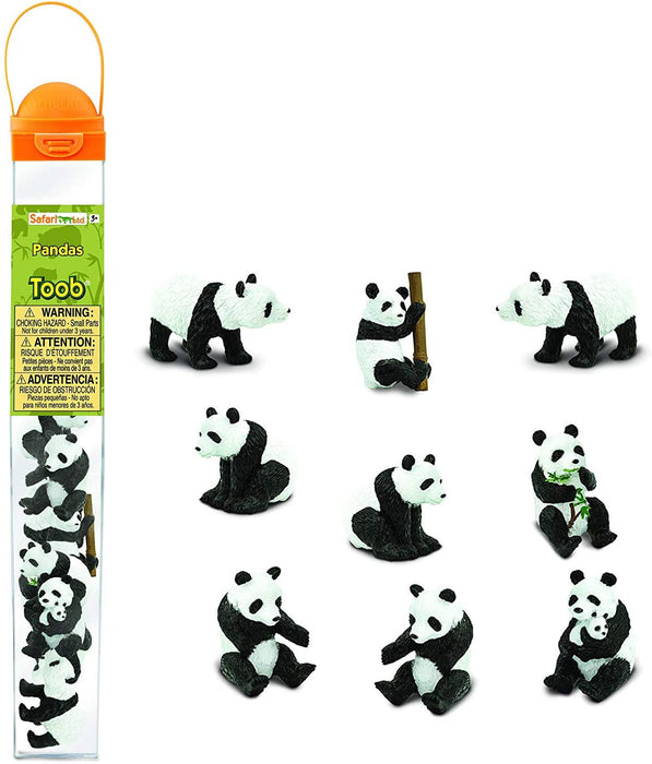 Mini panda safari figures for small world play. Baby panda, panda climbing on bamboo, panda eating, panda walking, panda sitting down