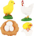 Four small world figures to represent the life-cycle of a chicken or egg. Chick, hen, nest with eggs. 