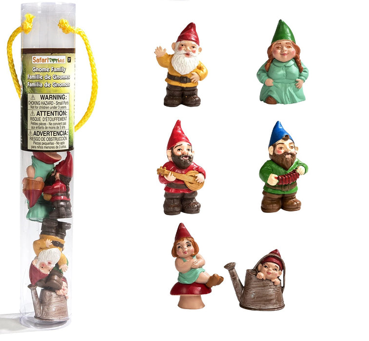 Adorable gnome family with a baby gnome in a watering can, a young gnome on a toadstool, a gnome playing the accordion, a gnome playing the banjo, a waving gnome and a woman gnome. Great for pretend play, fantasy play, or decoration