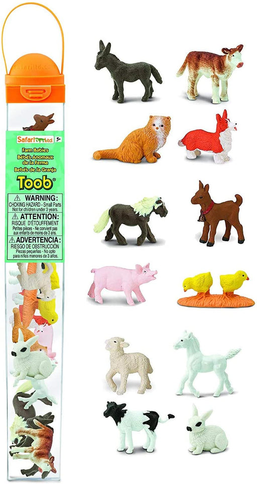 Mini figures to represent some of the baby animals you could find around a farm. Contains a baby donkey foal, Hereford, pony, goat, lamb, horse, cat, corgi, pig, chicken, Holstein, and rabbit, kitten.