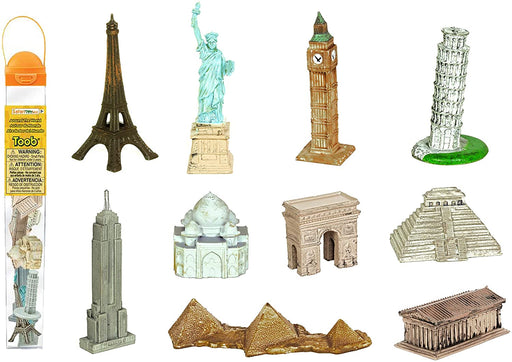 Famous landmarks- Eiffel tower, Statue of Liberty, Big Ben, Leaning Tower of Pisa, Empire State building, Taj Mahal, Arc de Triumph, Pyramids of Giza, Parthenon, Temple of Inscriptions 