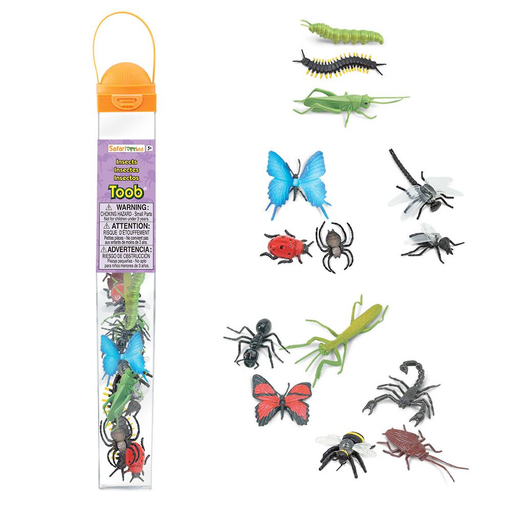 Fourteen crawly, slimy, flying insects mini figures. A great way for minibeast exploration in a safe environment. Contains caterpillar, centipede, grass hopper, butterfly, ladybird, spider, dragonfly, ant, praying mantis, scorpion, bee, cockroach, fly